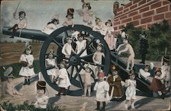 Multiple Babies Wearing Military Hats with a Canon Postcard