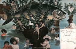 Multiple Babies Bathing with a Big Fish Postcard