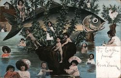 Multiple Babies Bathing with a Big Fish Postcard