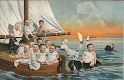 Multiple Babies and Dogs in a Sailboat Postcard