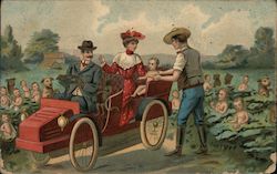 Family in Carriage with Multiple Babies in Water Postcard