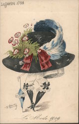 Woman Hiding Under Big Black Hat with Flowers and Feather Postcard