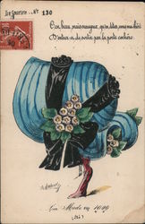 Ribbed Blue Bonnet with Black Satin Ribbon and Small White Flowers Postcard