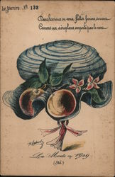 Striped Flat Round Woman's Hat with Bottom Ruffle, Pink Flowers, Fruit and Leaves Postcard