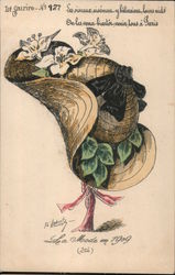 Large Floppy Hat with Black Bowm White Flowers and Greenery Postcard