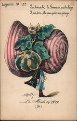 Woman with Big Pink and White Striped Hat with Leaves Postcard