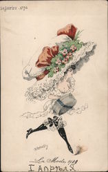 Woman with Oversized Flowered Hat Running Postcard