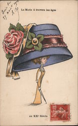 Woman with Big Blue Hat with Ribbon and Rose Postcard