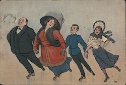 Skating group and woman with a big grey hat Postcard