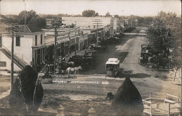 Broadway Street Scene, Streetcar, Horses & Carriages Cottonwood Falls Kansas