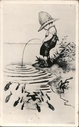 Boy Peeing in Pond as Fish Swim Away Comic, Funny Postcard Postcard Postcard