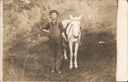 Farmer in overalls and hat with white horse Postcard