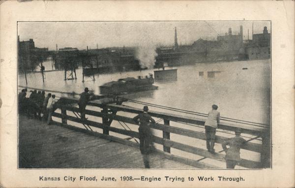 Kansas City Flood, June 1908, Engine Trying to Work Through Missouri
