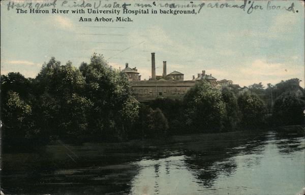 The Huron River with University Hospital in background Ann Arbor Michigan