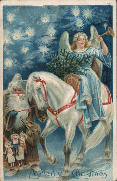 Santa in Brown with Blue Angel on White Horse