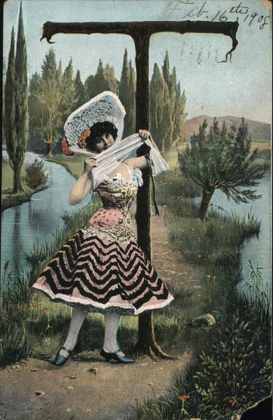 Woman in front of Letter T between two creeks Alphabet Letters