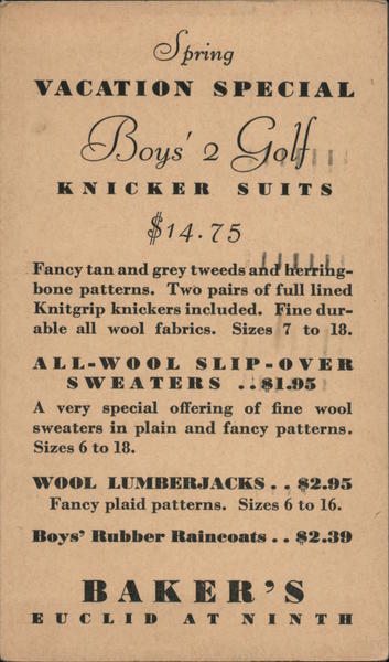 Advertisment for Baker's Store selling Boy's Knicker Suits Cleveland Ohio