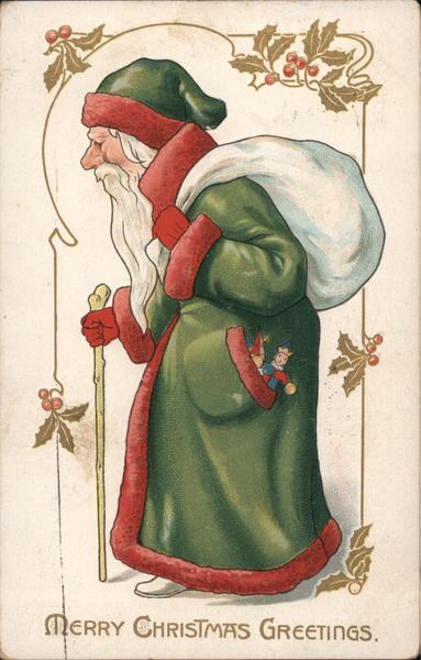 Santa in Green, Merry Christmas Greetings Santa Claus