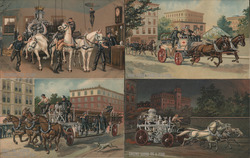 Lot of 4: Embossed Horse-Drawn Fire Engines, Firemen Postcard