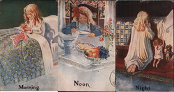 Set of 3: Girl, Morning, Noon, Night Time of Day Postcard