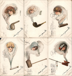 Set of 6: Smoking Ladies Fantasy Postcard