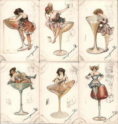 Set of 6: Fantasy Drink Glasses Ladies Samuel L. Schmucker  Postcard Postcard Postcard
