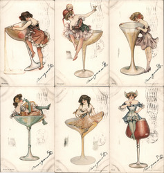Set of 6: Fantasy Drink Glasses Ladies Postcard