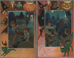 Set of 2: Boys Playing Tricks Halloween Postcard