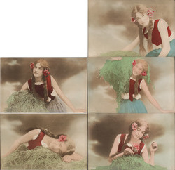 Set of 5: Tinted Photos, Woman with Hay Women Postcard Postcard Postcard