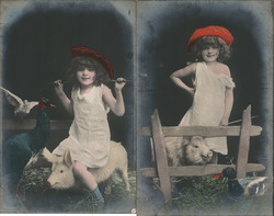 Set of 2: Tinted, Girl with Pig, Peacock, Duck Girls Postcard Postcard Postcard