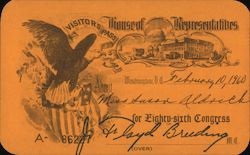 Visitor's Pass for the House of Representatives Signed by J. Floyd Breeding 1960 Ephemera