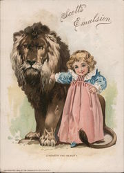 Scott's Emulsion - Strength and Beauty - A little girl in a pink dress is holding onto a large lion's mane Trade Card