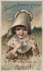 Shaker Family Pills, Cure Sick Headache - A girl in a sunbonnet clutches a bouquet of daisies Trade Card