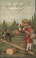 Hearty Greetings: Child with Cat on See-Saw Postcard