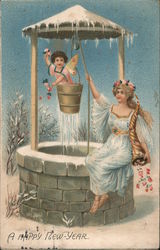 Woman At Well Covered in Ice with Cherub -- Happy New Year Postcard