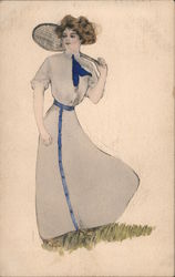 Woman with a tennis racquet, Hand Colored Postcard