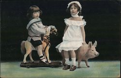 1900's Era Color Photo of Boy on Rocking Horse & a Girl on a Stuffed Pig Postcard