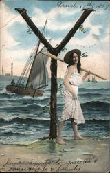 Woman Walking in front of a Wooden letter Y Postcard