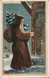 Santa in Brown, Falling Snow with a Christmas Tree and Bag Over his Shoulder Postcard