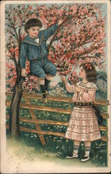 Girl giving flowers to a boy in a tree Postcard