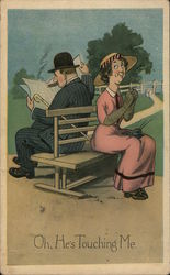 Woman and Man Sitting on a Bench - Oh, He's Touching Me Postcard