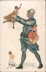 Large Military Man and Tiny Women, WWI Xavier Sager Postcard Postcard Postcard