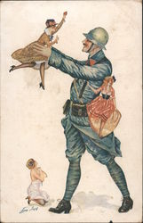 Large Military Man and Tiny Women, WWI Postcard