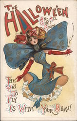 Tis Halloween and All Girls Know, The Way to Fly Is With Your Beau! Postcard