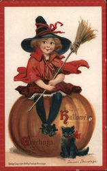 Halloween Greetings, Little Girl Witch on Pumpkin Postcard