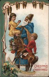 Santa in Blue, Christmas Greetings Postcard