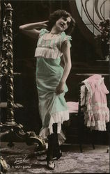 Brunette Girl Posing in Green Dress Postcard