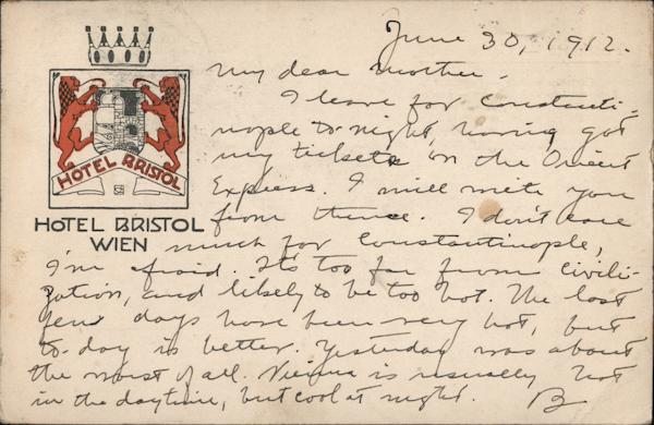 Personal correspondence sent from Hotel Bristol Vienna Austria