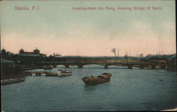 Looking-down the Pasig, showing Bridge of Spain Manila Philippines