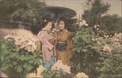 Japanese Women in Garden, Hand colored Postcard